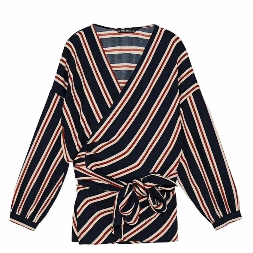 Zara Striped V Neck Crossover Blouse